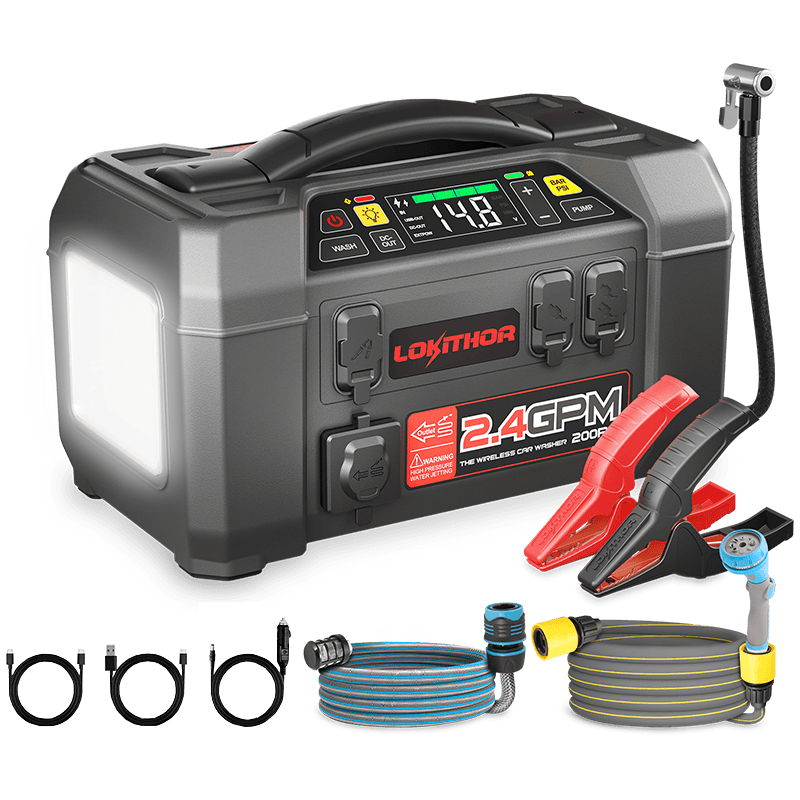 LOKITHOR Buddy 5-in-1 Multifunction Rescue Jump Starter Pack 2500A @ 12v + Water Pump + Digital Air Pump Compressor + LED Spotlight + USB Power Bank