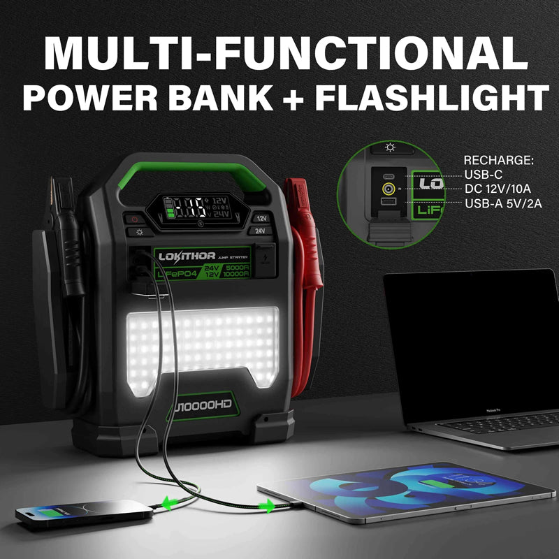 LOKITHOR Big Dog 3-in-1 Heavy Duty Multifunction Rescue Jump Starter 10000A @ 12v & 5000A @ 24v + LED Spotlight + USB Power Bank - LiFePO4 Tech