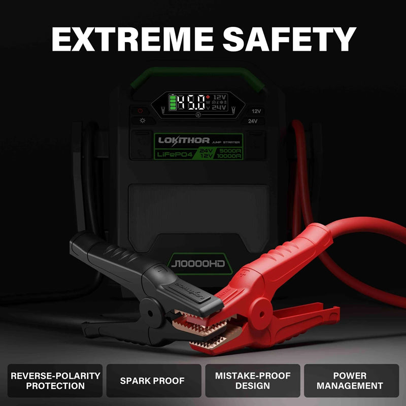 LOKITHOR Big Dog 3-in-1 Heavy Duty Multifunction Rescue Jump Starter 10000A @ 12v & 5000A @ 24v + LED Spotlight + USB Power Bank - LiFePO4 Tech