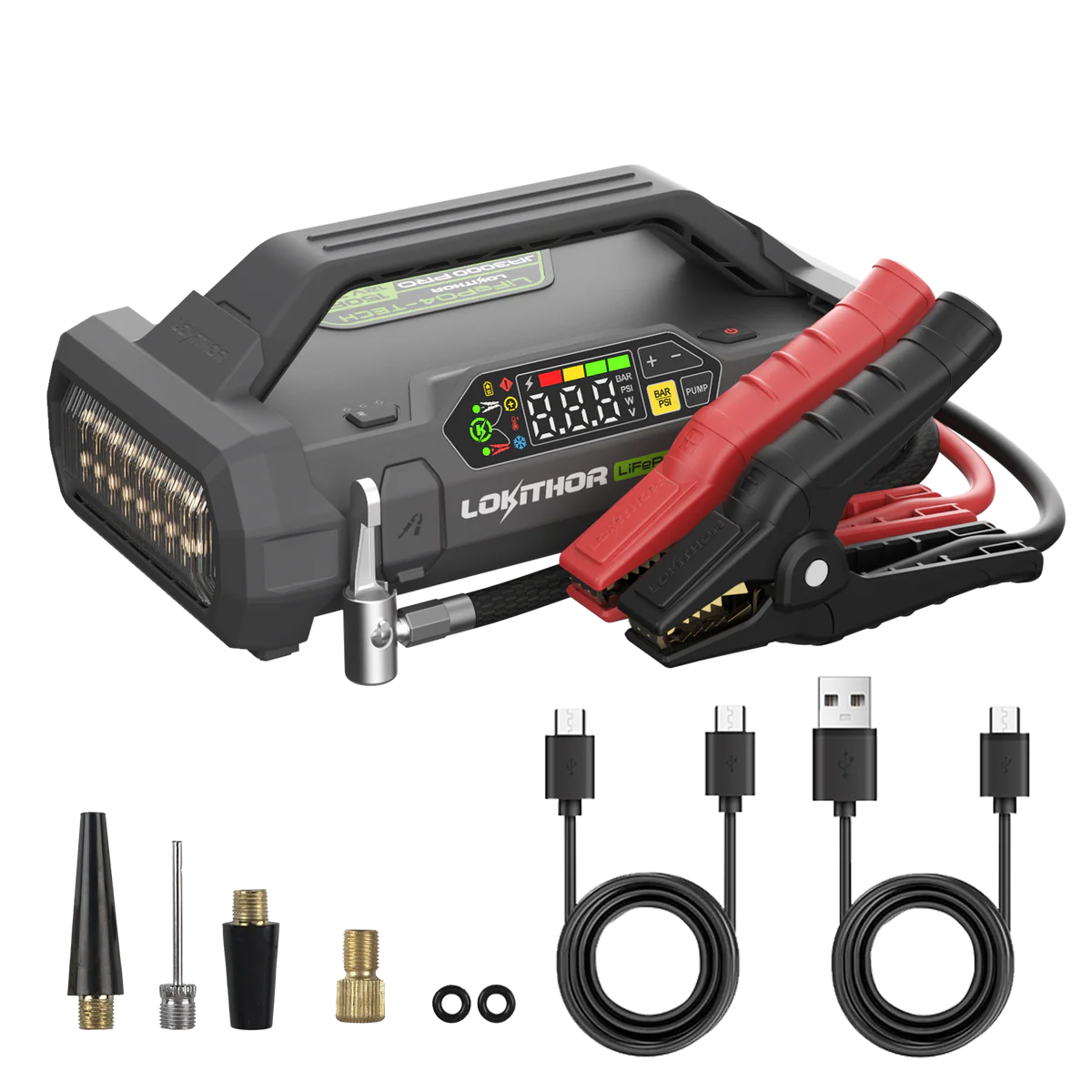 LOKITHOR Roadside 4-in-1 Multifunction Rescue Jump Starter Pack 3000A @ 12v + 300lm LED Torch + Digital Air Pump Compressor + USB Power Bank