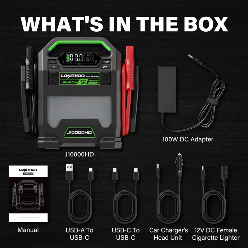 LOKITHOR Big Dog 3-in-1 Heavy Duty Multifunction Rescue Jump Starter 10000A @ 12v & 5000A @ 24v + LED Spotlight + USB Power Bank - LiFePO4 Tech