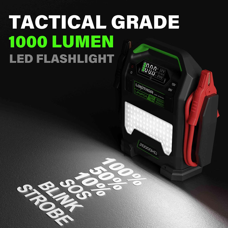 LOKITHOR Big Dog 3-in-1 Heavy Duty Multifunction Rescue Jump Starter 10000A @ 12v & 5000A @ 24v + LED Spotlight + USB Power Bank - LiFePO4 Tech