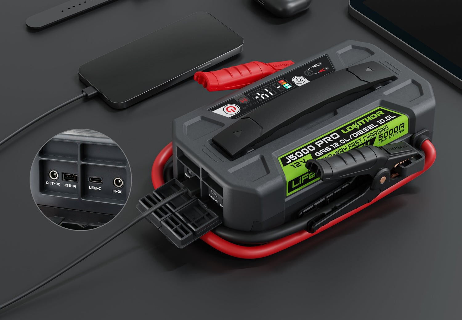 LOKITHOR Kanga 3-in-1 Multifunction Rescue Jump Starter Pack 5000A @ 12v + 400lm LED Torch + USB & DC Power Bank